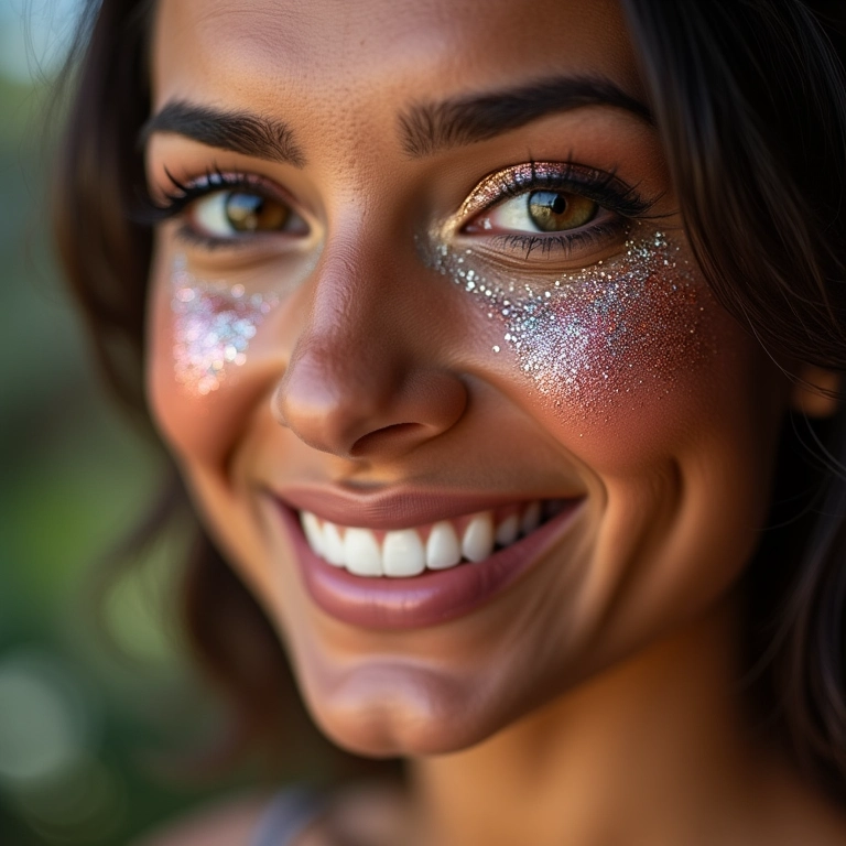 Mulher brasileira sorrindo com maquiagem glitter vibrante.