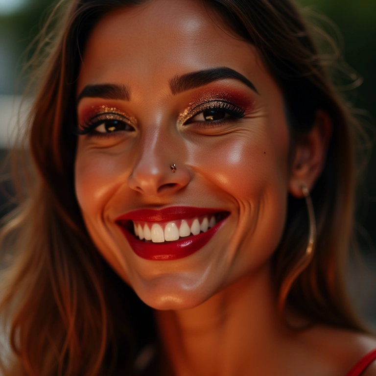 Mulher brasileira sorrindo com maquiagem impecável de ano novo, sombra glitter e batom vermelho.