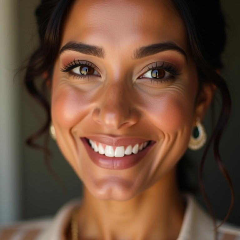 Mulher brasileira sorrindo com maquiagem impecável para casamento.