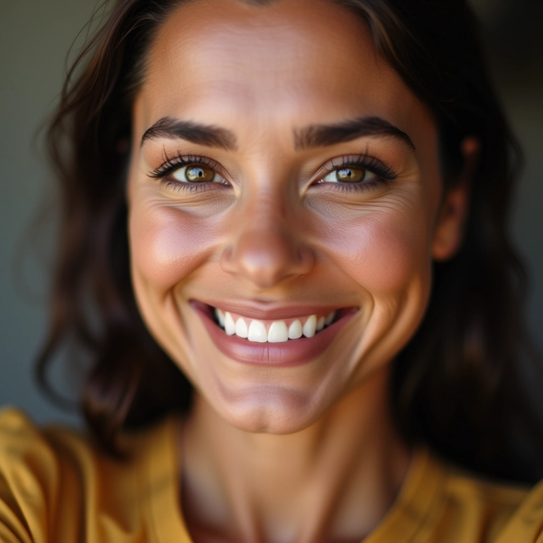 Mulher brasileira sorrindo com maquiagem impecável para fotos.