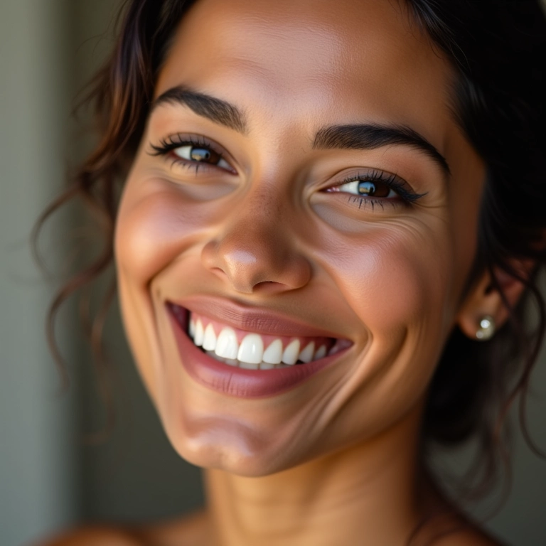 Mulher brasileira sorrindo com maquiagem para rosto redondo.