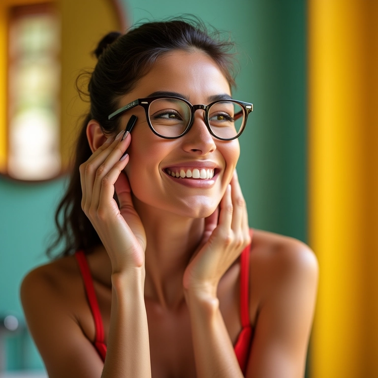 Mulher brasileira sorrindo com óculos aplicando maquiagem em banheiro vibrante.