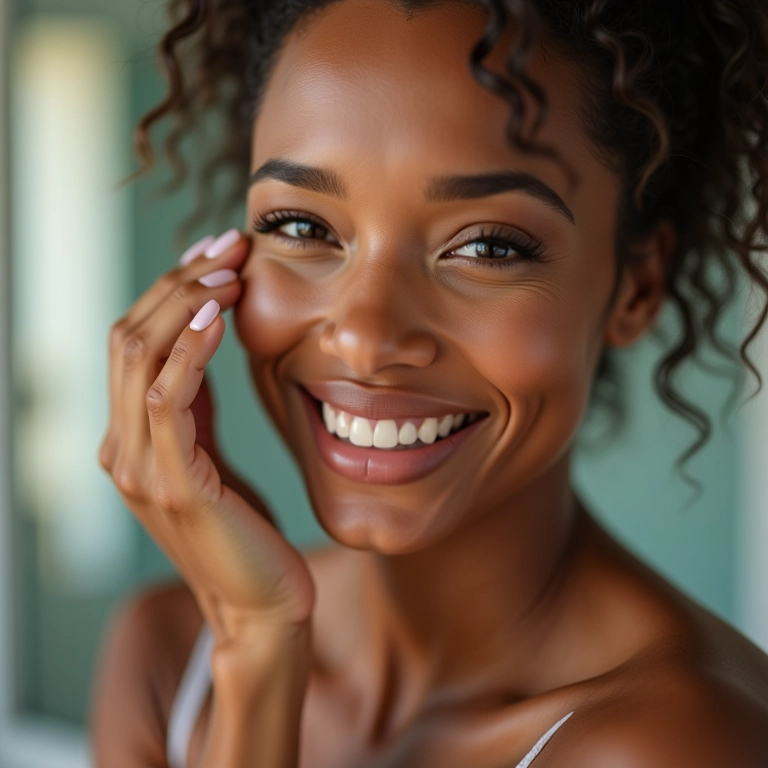Mulher brasileira sorrindo enquanto aplica maquiagem em um banheiro bem iluminado.