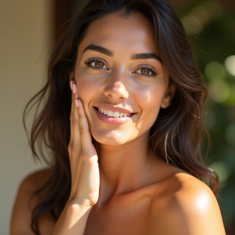 Mulher brasileira usando base em pó mineral.