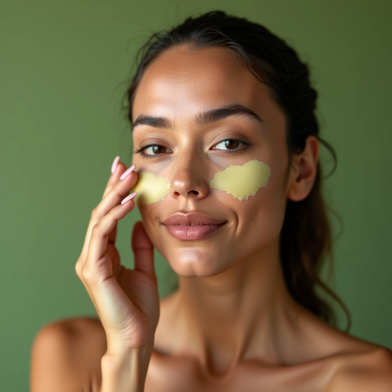 Mulher calma aplicando corretivo de chá verde para reduzir vermelhidão.