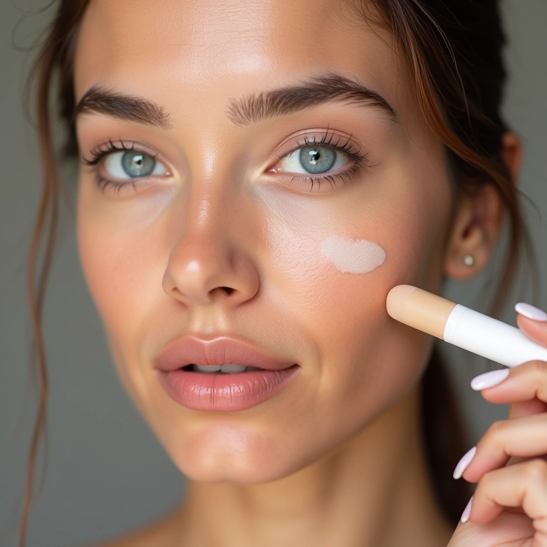 Mulher cobrindo manchas e espinhas com corretivo em bastão.