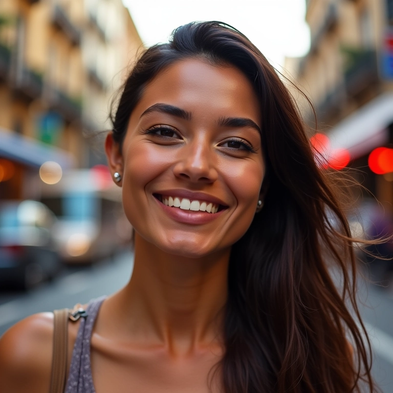 Mulher com base de longa duração sorrindo.