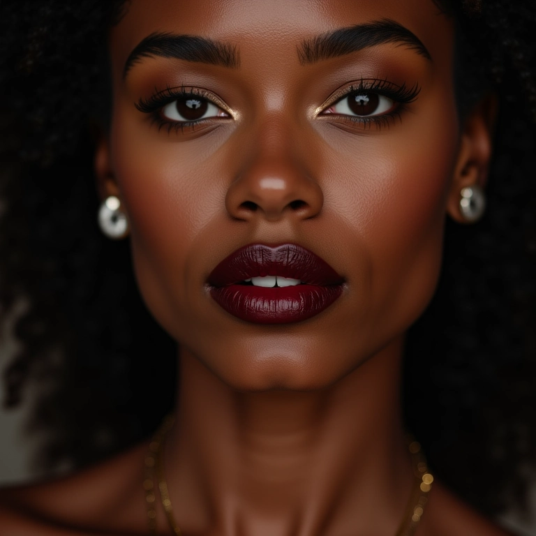 Mulher com batom escuro impecável, close-up.