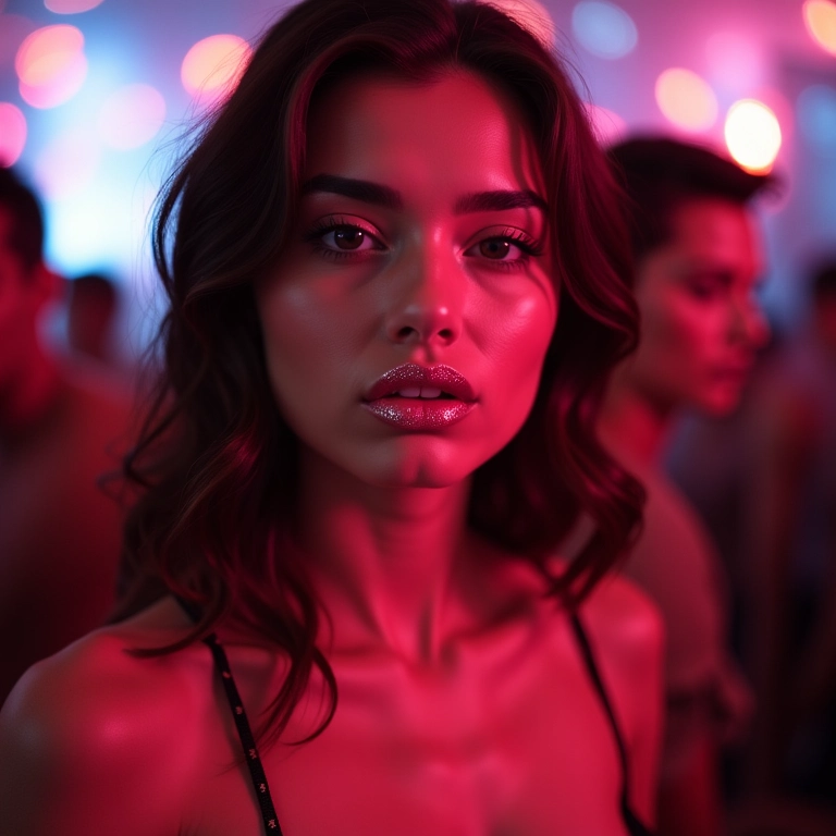 Mulher com batom rosa cintilante em festa.