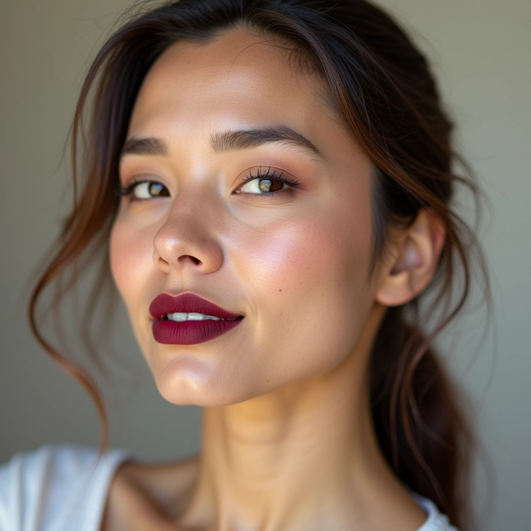 Mulher com batom vinho em look casual.