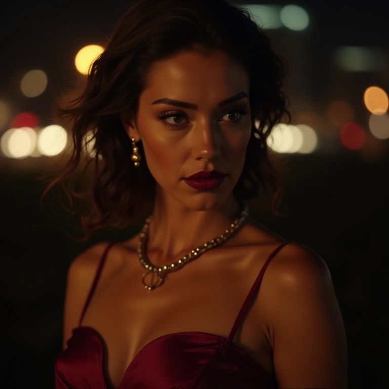 Mulher com batom vinho em look noturno.