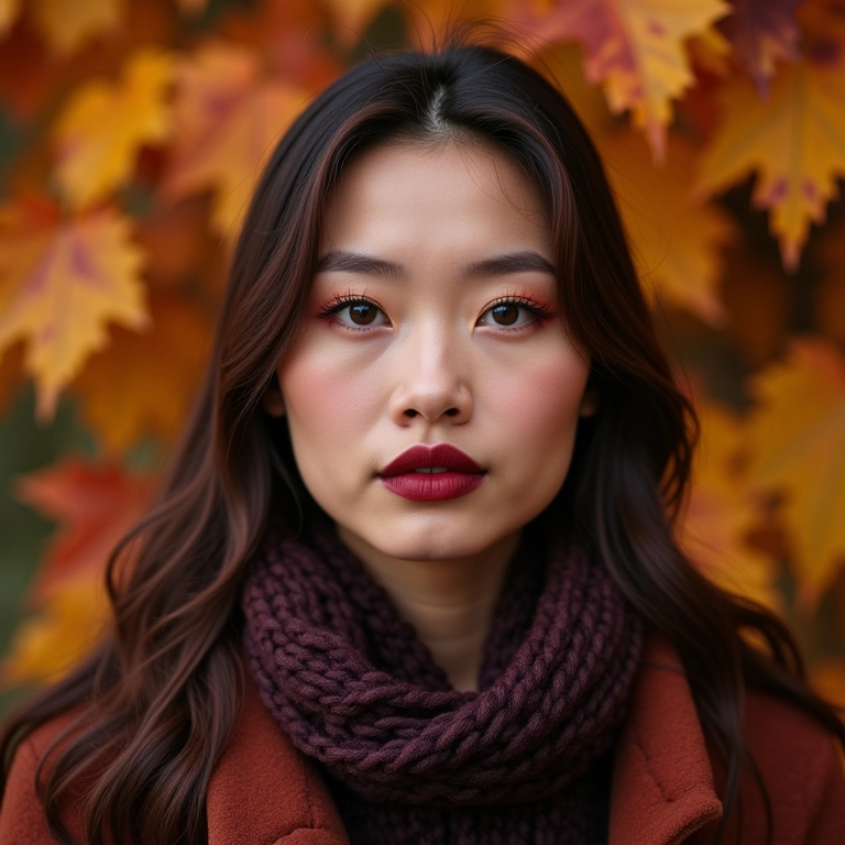 Mulher com batom vinho no outono.