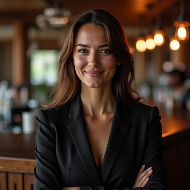 Mulher com blazer elegante em um bar sofisticado.