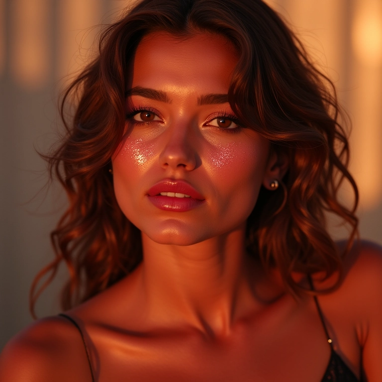 Mulher com blush cintilante e brilho radiante.