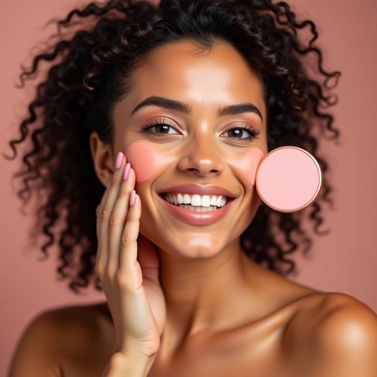Mulher com blush cor pêssego em rosto redondo.