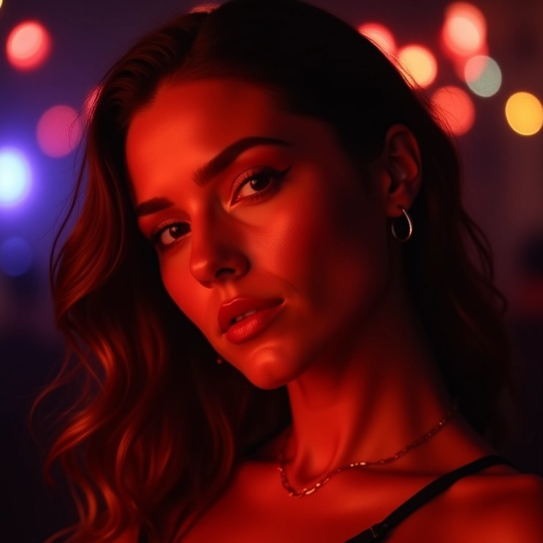 Mulher com blush laranja marcante para a noite.