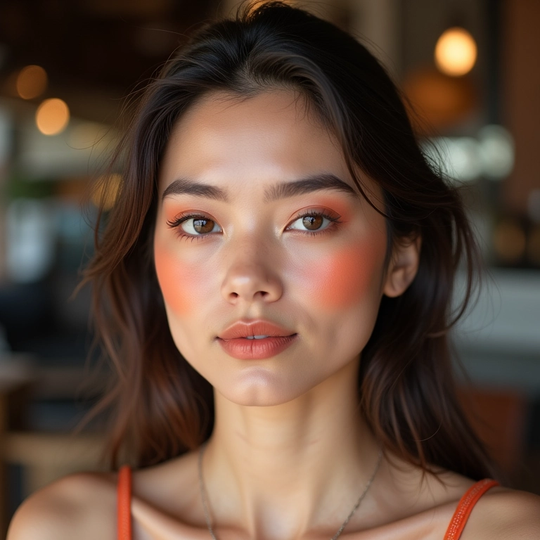 Mulher com blush laranja suave para o dia.