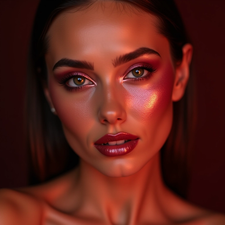 Mulher com blush vinho cintilante, maquiagem de festa.