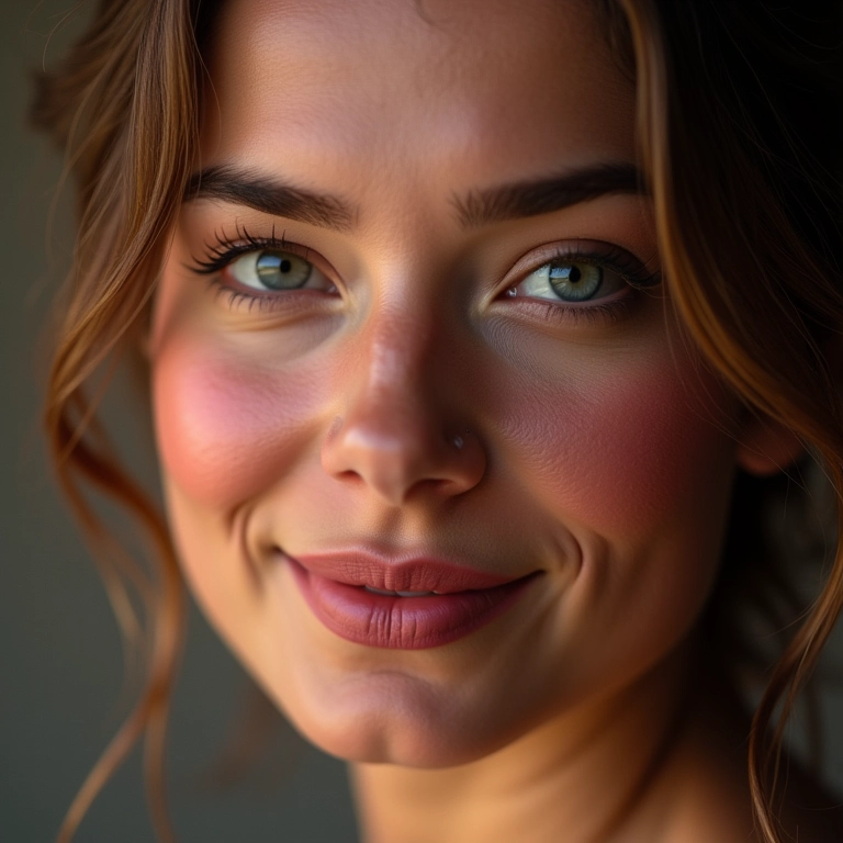 Mulher com blush vinho e contorno, maçãs do rosto definidas.