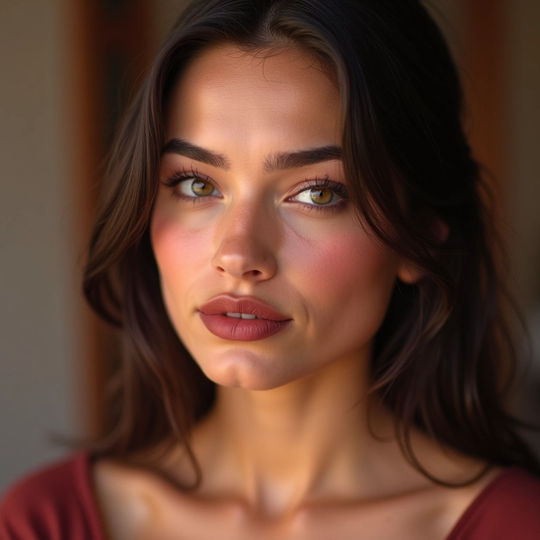 Mulher com blush vinho opaco, maquiagem minimalista.