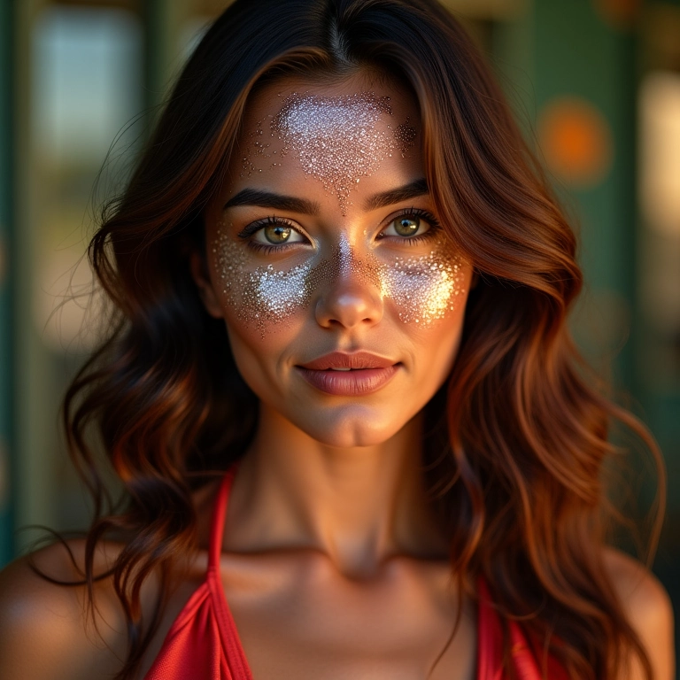 Mulher com cabelo brilhante após aplicar spray fixador com efeito brilho, maquiagem festiva.