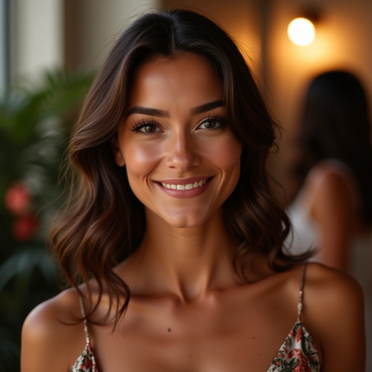 Mulher com cabelo delicadamente perfumado após aplicar laquê com fragrância suave.