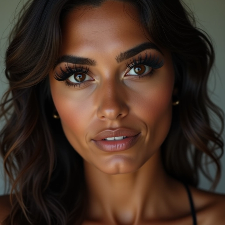 Mulher com cílios alongados e volumosos e vestido preto.