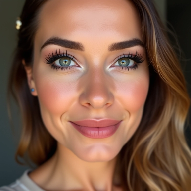 Mulher com cílios postiços impecáveis e maquiagem vibrante.