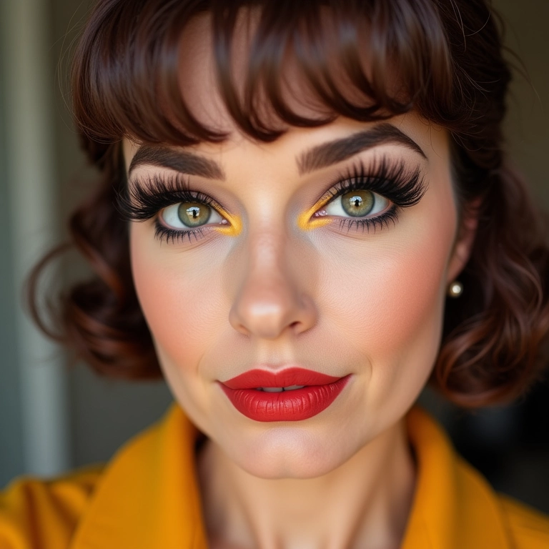 Mulher com cílios postiços volumosos e maquiagem dos anos 60 com sombra clara.