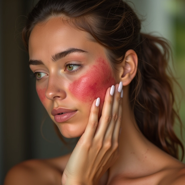 Mulher com coceira e vermelhidão na bochecha, reação alérgica à maquiagem.