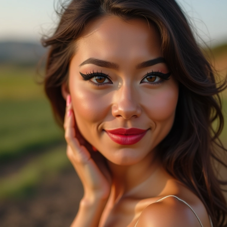 Mulher com delineado gatinho e batom vibrante.