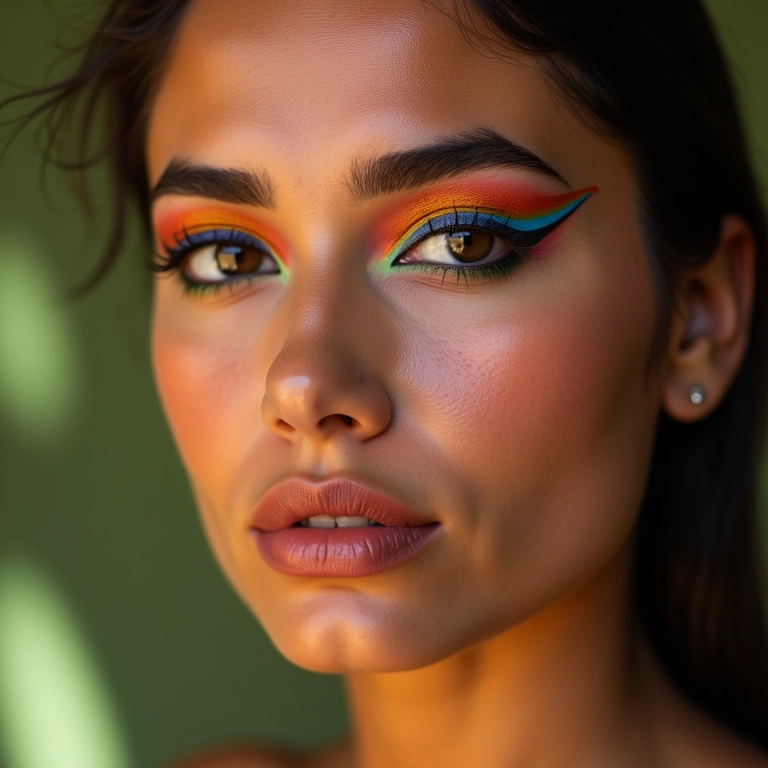 Mulher com delineado gráfico colorido ousado, maquiagem artística.