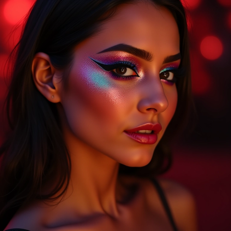 Mulher com delineador colorido com glitter, visual festa.