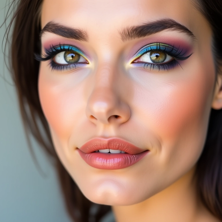 Mulher com delineador colorido combinado com sombra e batom.