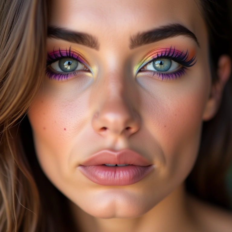 Mulher com delineador colorido e máscara de cílios, combinação perfeita.