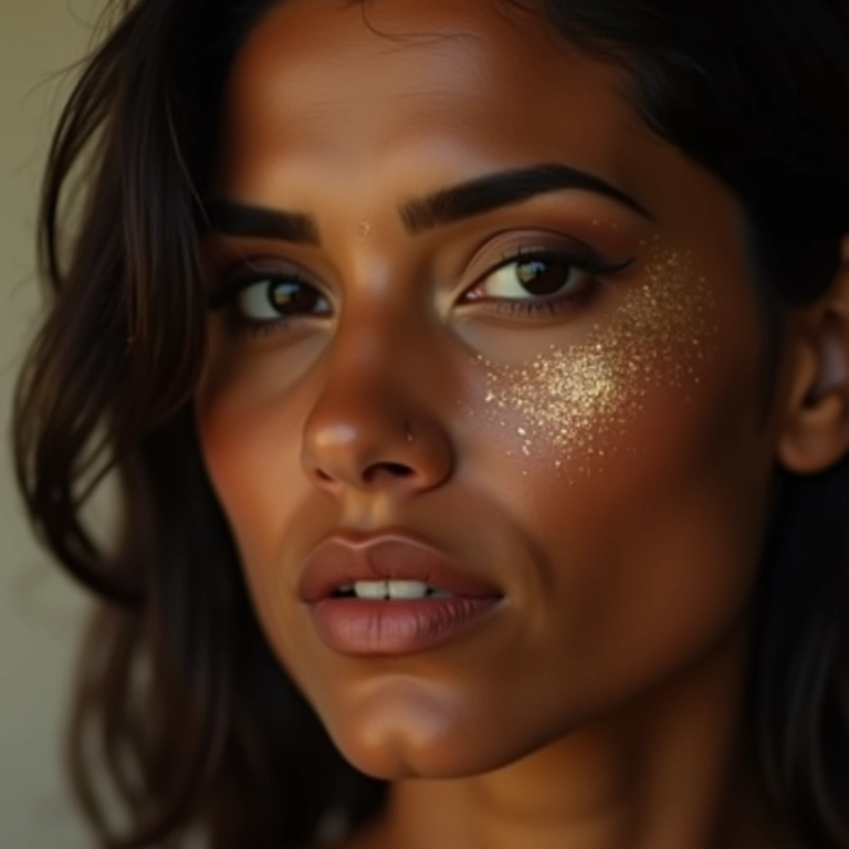 Mulher com glitter sutil nas maçãs do rosto.