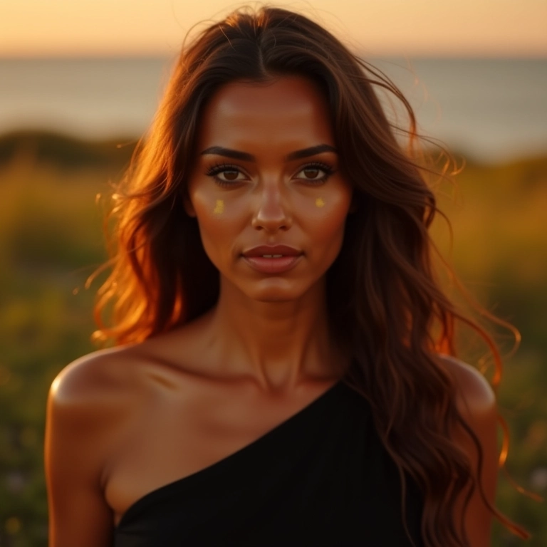 Mulher com iluminador no rosto e vestido preto.