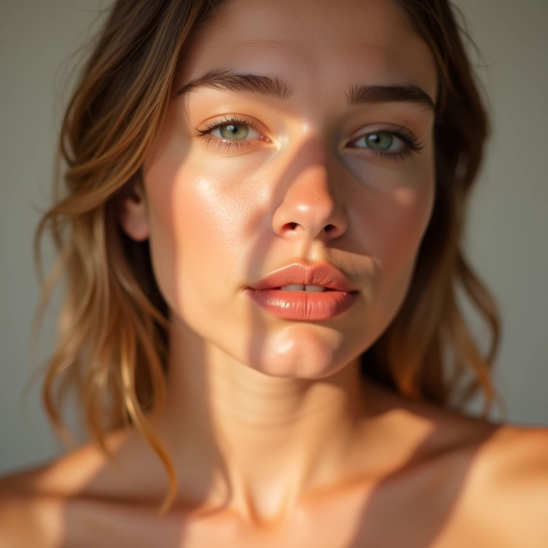 Mulher com iluminador pêssego sutil para maquiagem do dia a dia.