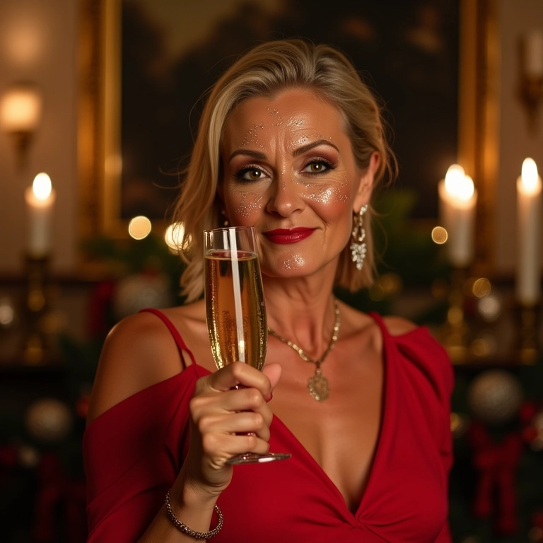 Mulher com maquiagem brilhante para festa de Natal brindando.
