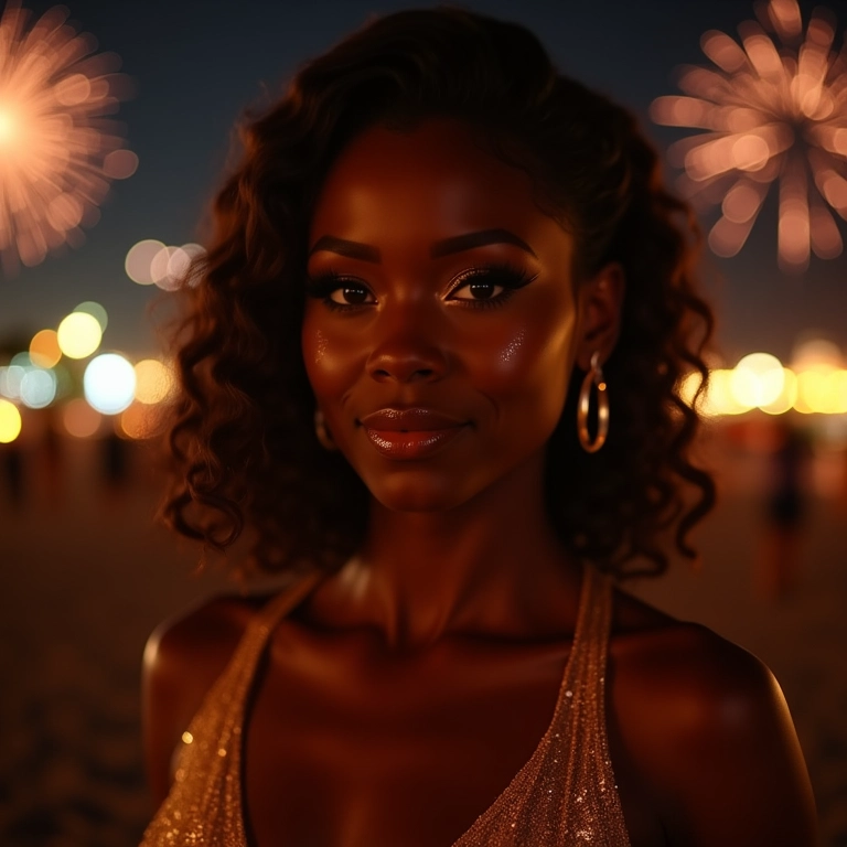Mulher com maquiagem cintilante para Réveillon com fogos de artifício.