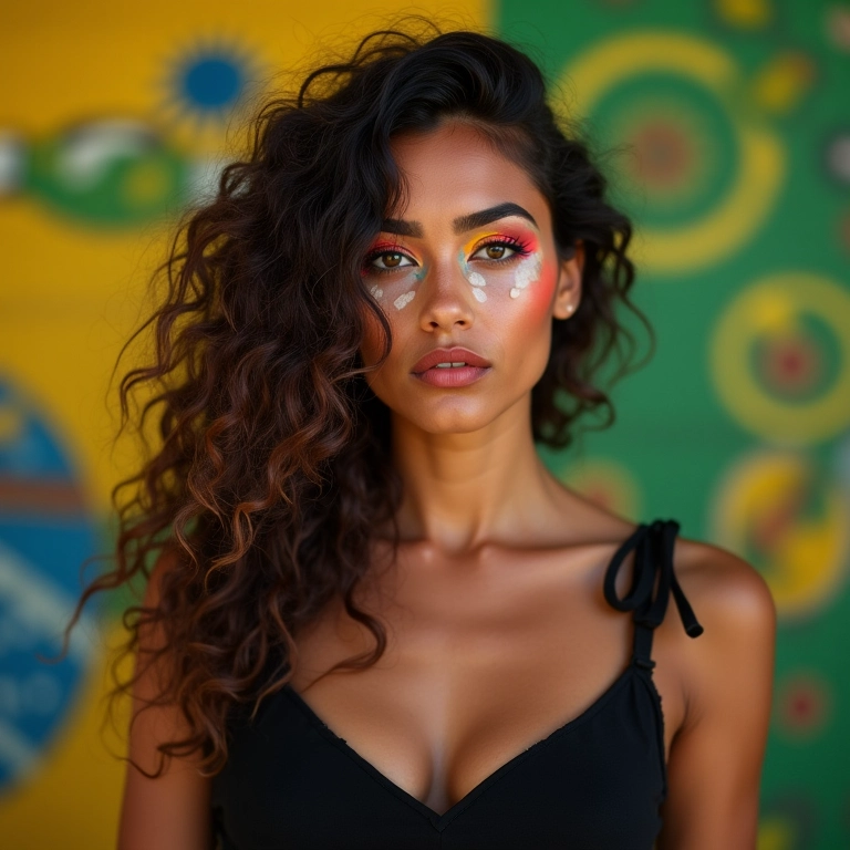 Mulher com maquiagem colorida e vestido preto.