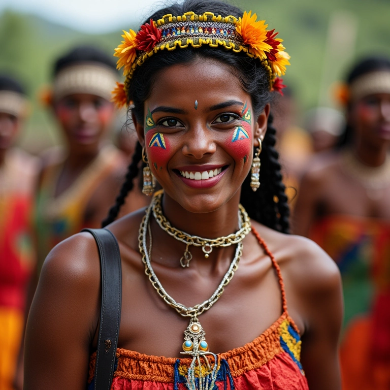 Mulher com maquiagem colorida para Festa Junina dançando.