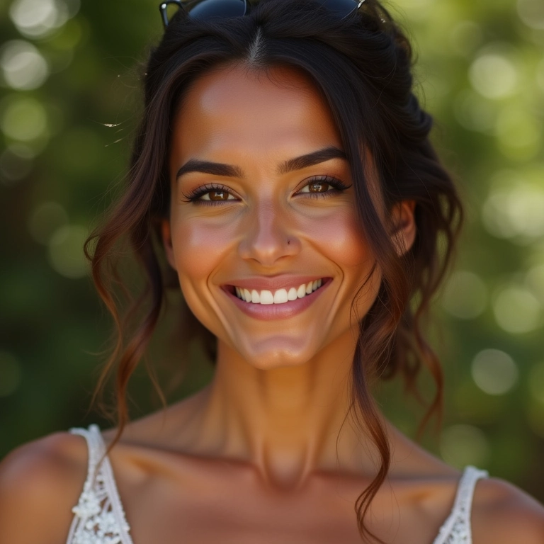 Mulher com maquiagem confortável e durável para casamento ao ar livre.