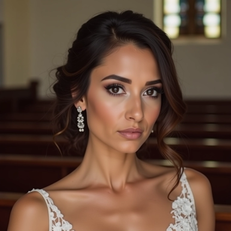 Mulher com maquiagem discreta e elegante para casamento na igreja.