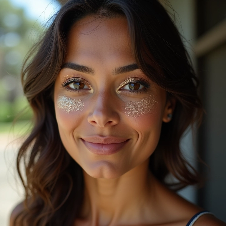 Mulher com maquiagem glitter leve durante o dia.