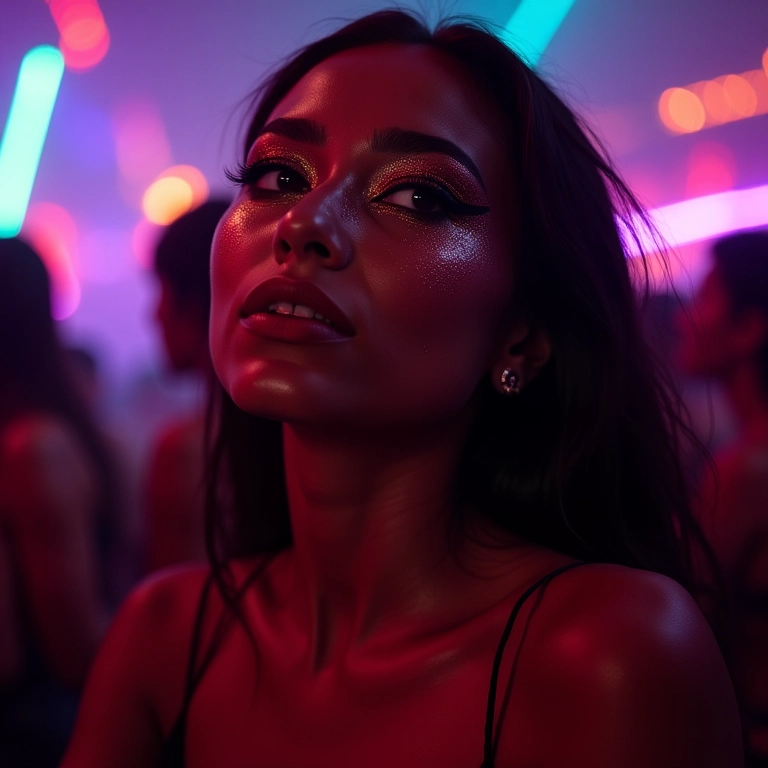 Mulher com maquiagem glitter ousada na balada.