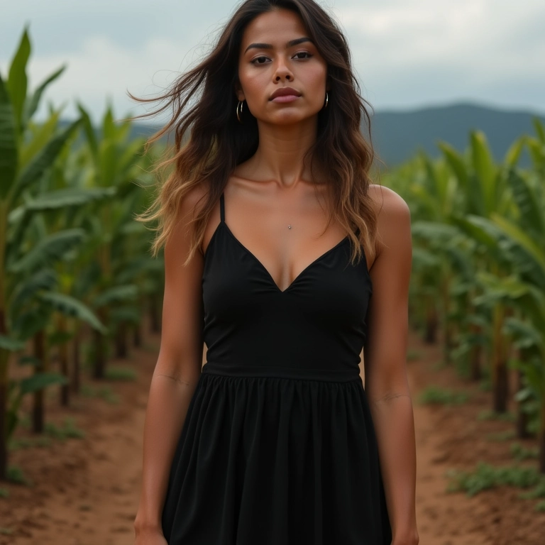 Mulher com maquiagem nude e vestido preto.