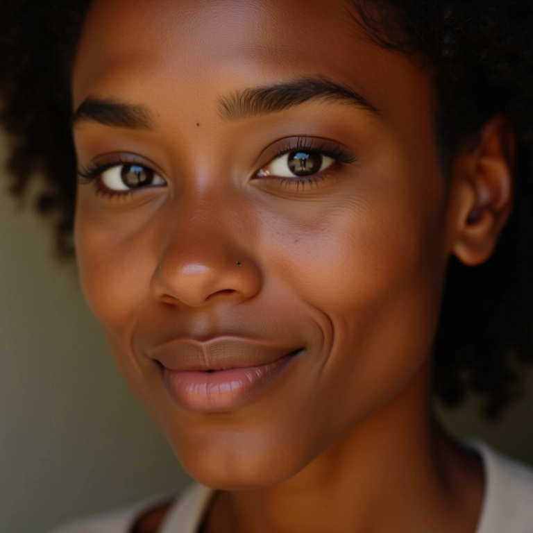 Mulher com maquiagem nude impecável, pele radiante e iluminação natural.