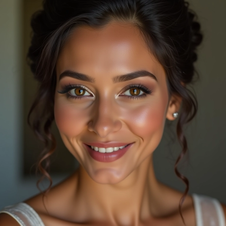 Mulher com maquiagem simples e charmosa para casamento civil.