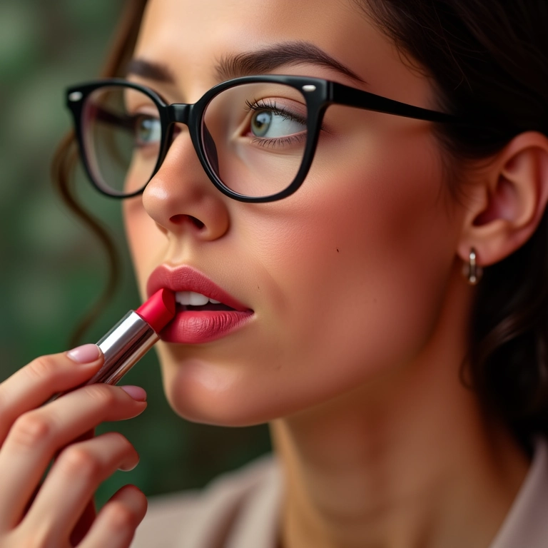 Mulher com óculos aplicando batom que valoriza.